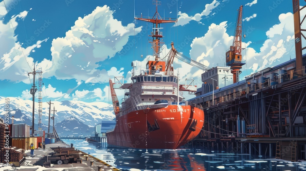 Obraz premium A large red ship is moored at a busy dock as cranes and cargo containers fill the bustling harbor area under a bright sky