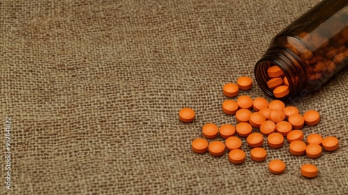 Orange pills spilling brown bottle on textured fabric photo