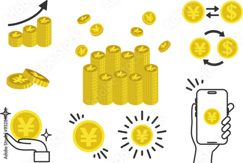 日本円のコインの挿絵イラストバリエーション　貯まる、増える、換金、手軽などのイメージ