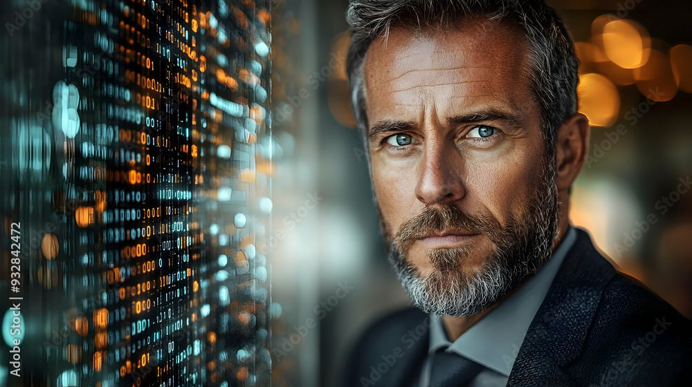Close-up portrait of a man looking at the camera, with a serious expression. He is standing in front of a background of binary code. Close-up portrait of a man looking at the camera, with a serious expression. He is standing in front of a background of binary code.