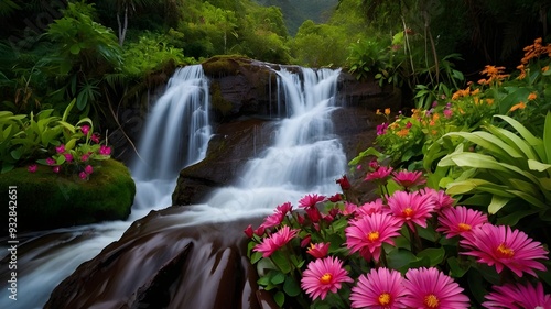 A decadent chocolate waterfall cascades down a mountain of rich, dark chocolate, surrounded by vibrant flowers and lush greenery.