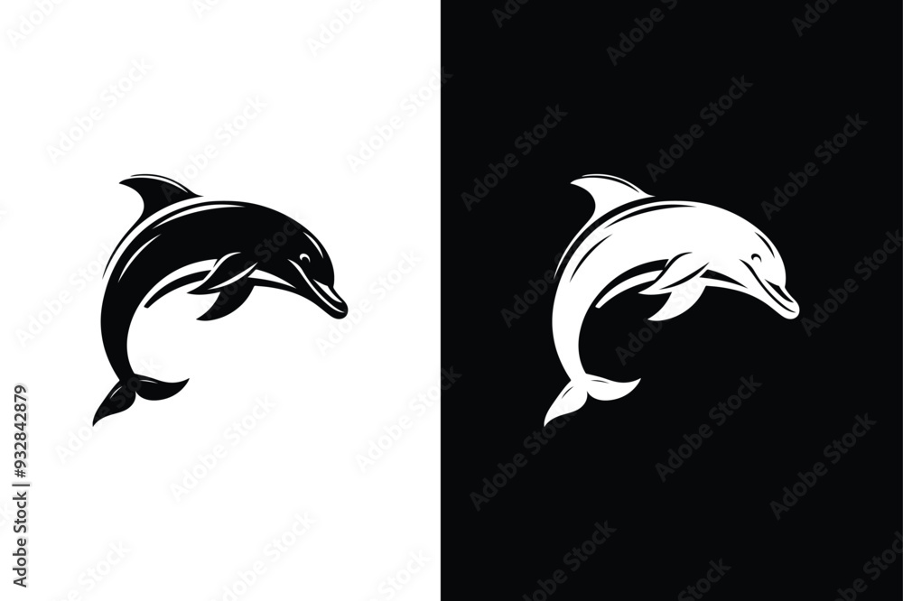 Naklejka premium Dolphin icon illustration. Jumping dolphin sea animal symbol black white