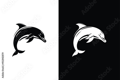 Dolphin icon illustration. Jumping dolphin sea animal symbol black white