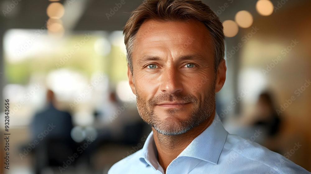 Closeup portrait of a middle-aged man in a light blue shirt, smiling warmly in an office setting. Closeup portrait of a middle-aged man in a light blue shirt, smiling warmly in an office setting.
