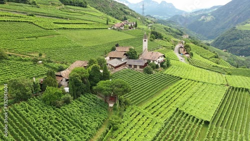 Aerial view of vineyards, wineries, houses and churches on the slopes of high mountains on a sunny day, South Tyrol, Bolzano, Italy