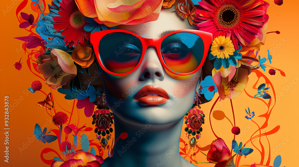 A woman adorned with sunglasses and a floral arrangement on its head on bright collage background. Contemporary modern trendy stylish pop art in bold hues A woman adorned with sunglasses and a floral arrangement on its head on bright collage background. Contemporary modern trendy stylish pop art in bold hues