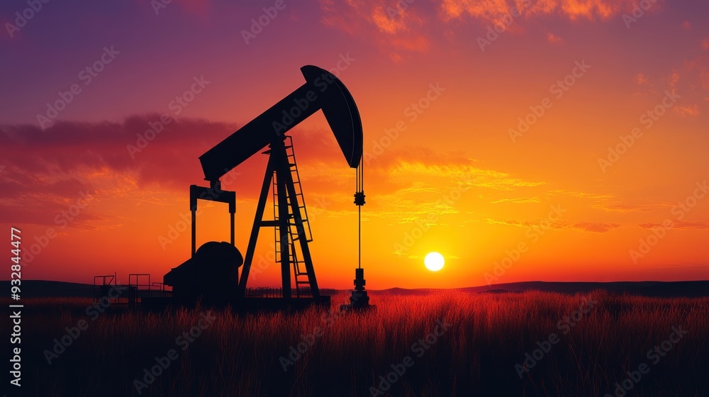 A sunset over a field with a large oil rig in the foreground A sunset over a field with a large oil rig in the foreground