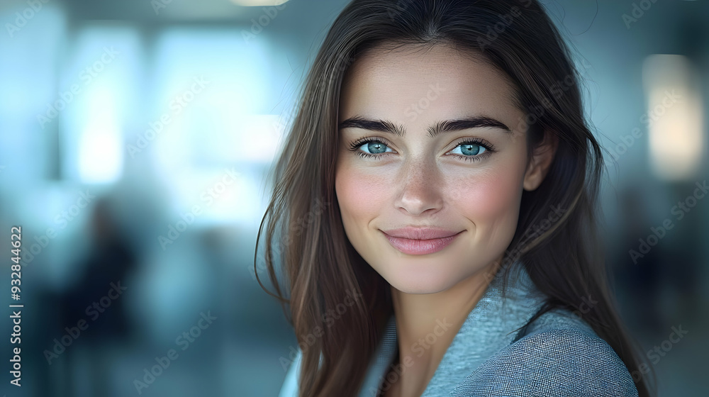 Obraz premium Close-up portrait of a smiling woman with blue eyes and long brown hair, wearing a grey sweater, in a modern office setting.