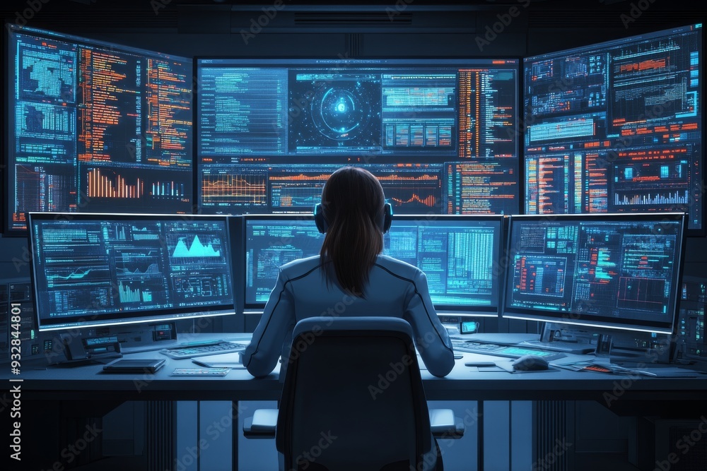 A focused professional analyzing multiple screens in a high tech surveillance room symbolizing the importance of data security and the constant vigilance required in a digital interconnected world A focused professional analyzing multiple screens in a high tech surveillance room symbolizing the importance of data security and the constant vigilance required in a digital interconnected world