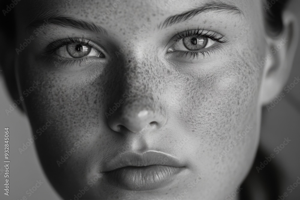 Close-up portrait of young woman with freckles Close-up portrait of young woman with freckles