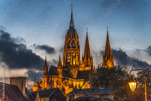 Illuminated, Bayeux Cathedral, Bayeux, Normandy, France. Catholic church consecrated by King William the Conqueror in 1077