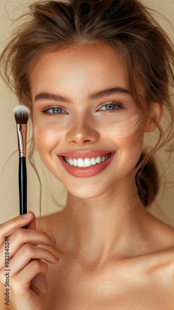 A joyful woman applies her makeup, showcasing her radiant smile and focused concentration in a well-lit setting A joyful woman applies her makeup, showcasing her radiant smile and focused concentration in a well-lit setting