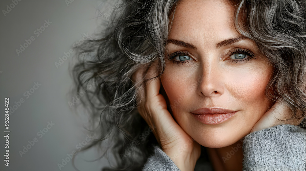 Naklejka premium Close-up portrait of a woman with gray curly hair and blue eyes looking at the camera.
