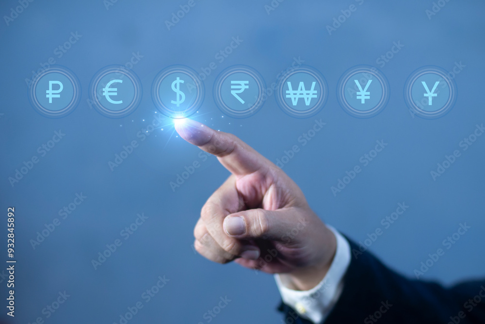 Business man hand touching Dollar, Yuan, Yen Euro, Rupee, Ruble, KRW. Global currency exchange and forex concept Business man hand touching Dollar, Yuan, Yen Euro, Rupee, Ruble, KRW. Global currency exchange and forex concept