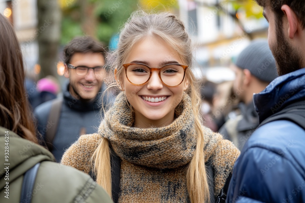 A cheerful young woman with glasses smiling warmly in an outdoor market during fall capturing the cozy atmosphere seasonal fashion and joyful moments of community and togetherness A cheerful young woman with glasses smiling warmly in an outdoor market during fall capturing the cozy atmosphere seasonal fashion and joyful moments of community and togetherness