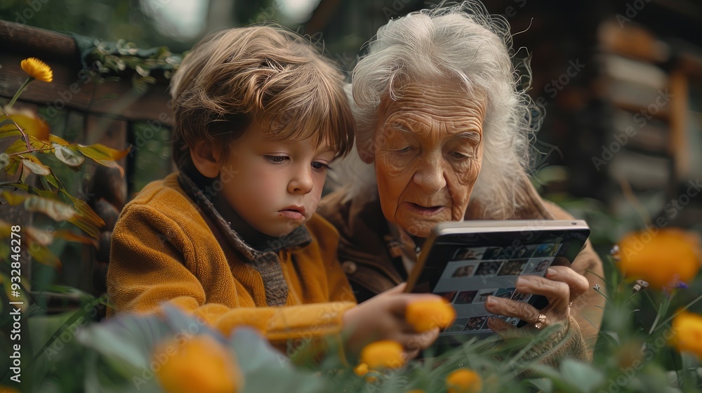 video of grandson with grandmother sitting on bench in the garden looking at tablet boy enjoying together time with elderly grandmlooking at digital photos in tablet video of grandson with grandmother sitting on bench in the garden looking at tablet boy enjoying together time with elderly grandmlooking at digital photos in tablet
