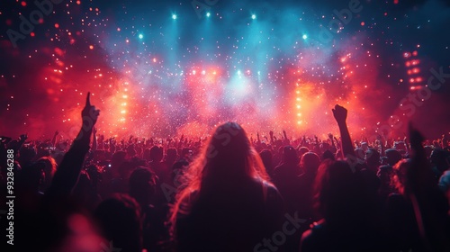 Crowd at a Concert with Bright Lights and Confetti