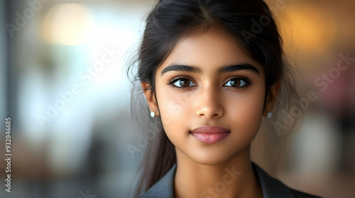 Close-up portrait of a young woman with brown eyes looking at the camera.