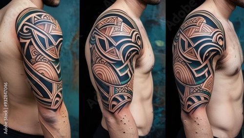 Intricate Maoriinspired geometric pattern tattoo design photo