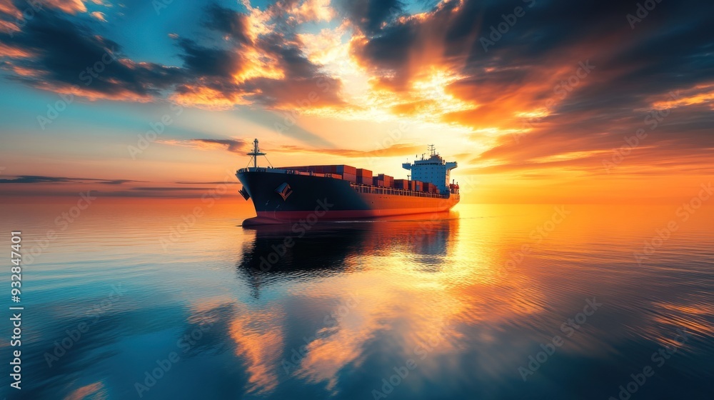 A large ship is sailing in the ocean at sunset A large ship is sailing in the ocean at sunset