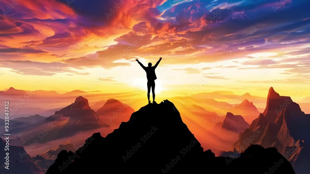 Person stands on mountain peak celebrating during vibrant sunrise Person stands on mountain peak celebrating during vibrant sunrise