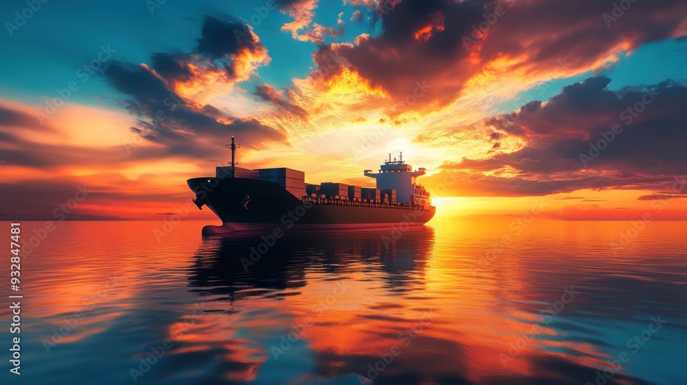 A large ship is sailing in the ocean at sunset A large ship is sailing in the ocean at sunset