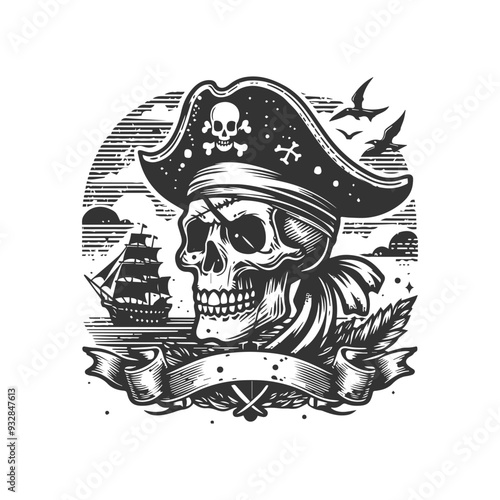 Vintage monochrome skull isolated on transparent background