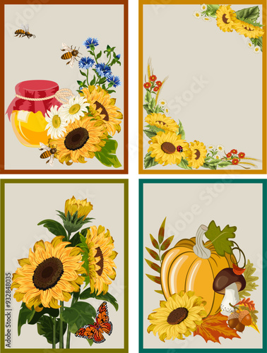 Set of illustrations with sunflowers.Sunflowers, bees, honey, butterflies and autumn leaves in a set of color vector illustrations.