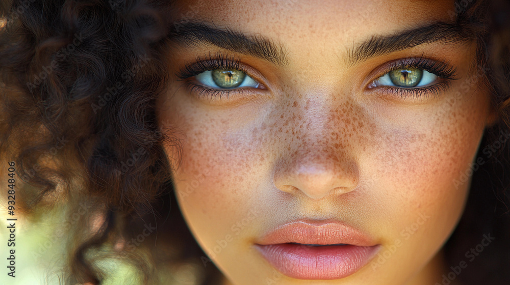 A young woman with curly hair and freckles gazes directly at the viewer, her captivating green eyes sparkling in the natural light A young woman with curly hair and freckles gazes directly at the viewer, her captivating green eyes sparkling in the natural light