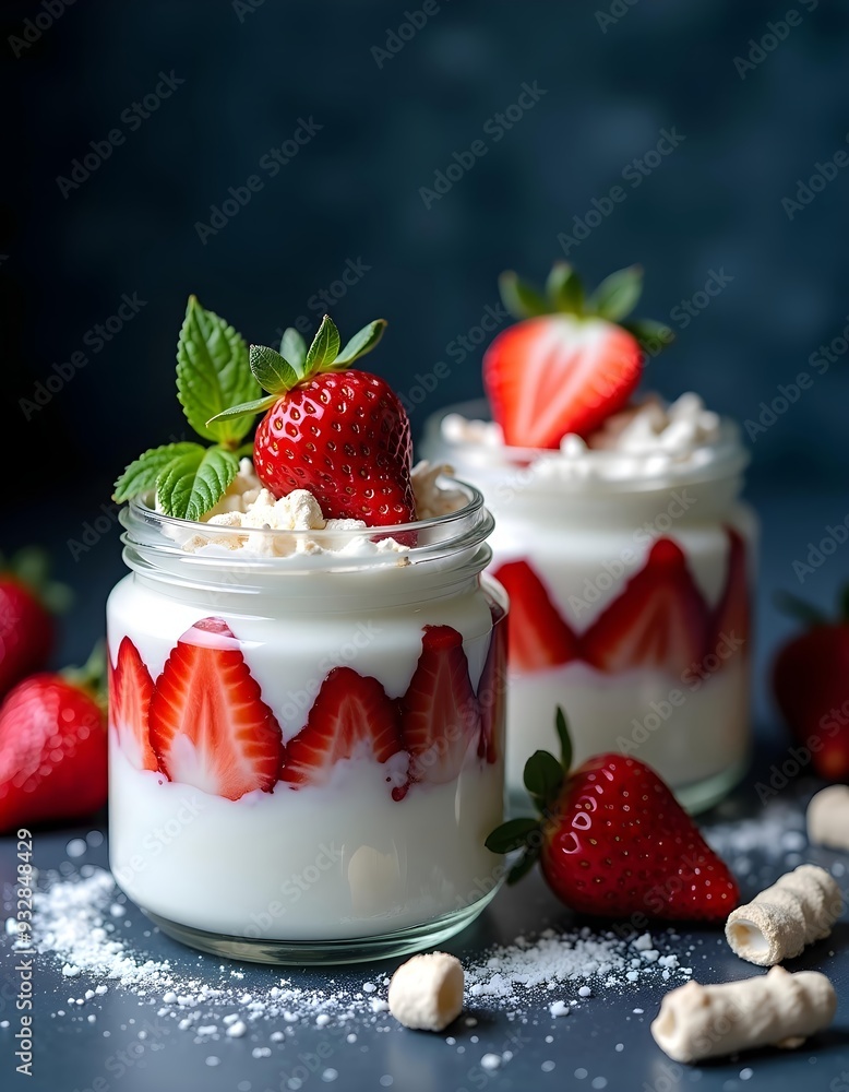 Strawberry Eton Mess dessert with Meringue and Mint in Glass Jars Strawberry Eton Mess dessert with Meringue and Mint in Glass Jars