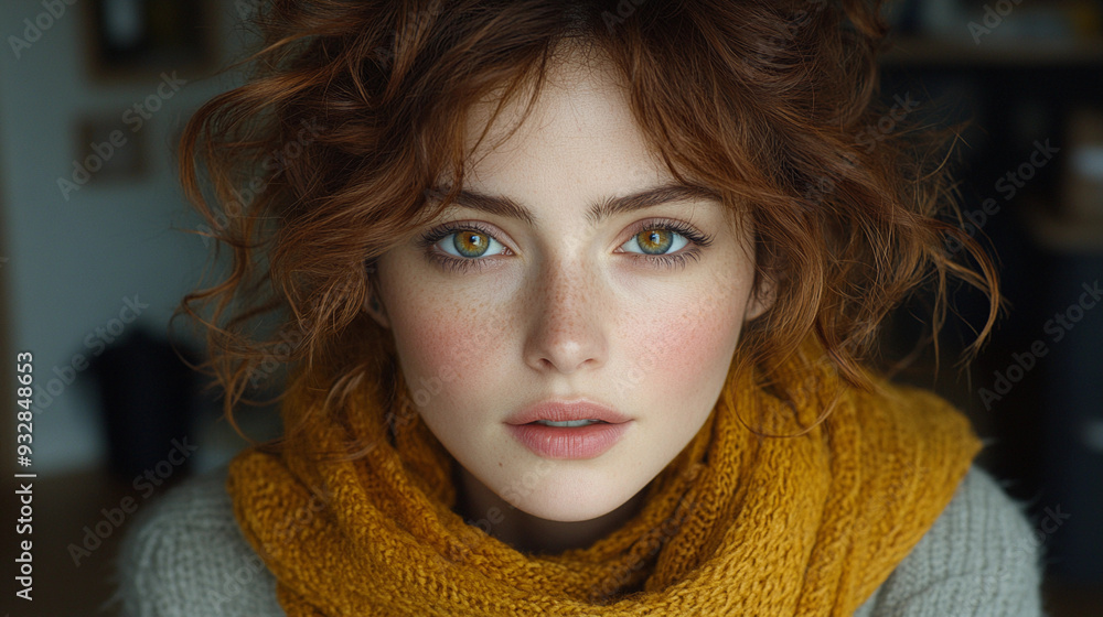 A young woman with curly red hair gazes softly at the viewer, wearing a mustard scarf, set in a warm indoor environment filled with light A young woman with curly red hair gazes softly at the viewer, wearing a mustard scarf, set in a warm indoor environment filled with light