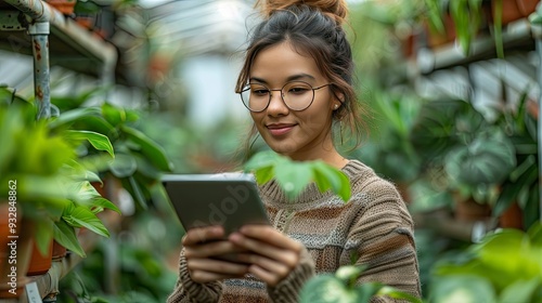 young woman standing in greenhouse in botanical garden using tablet