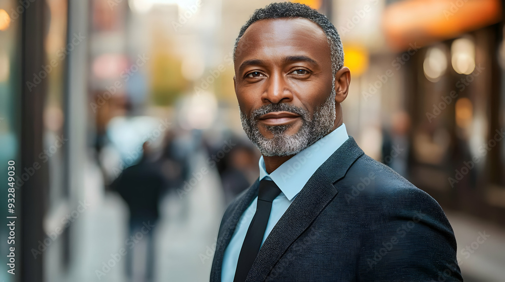 Confident businessman in a suit standing in a city street looking at the camera with a serious expression. Confident businessman in a suit standing in a city street looking at the camera with a serious expression.