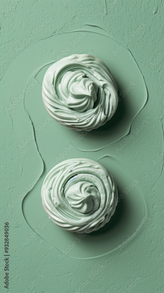 Two samples of white cream face liquid artfully arranged on a mint backdrop, showcasing skincare products Two samples of white cream face liquid artfully arranged on a mint backdrop, showcasing skincare products