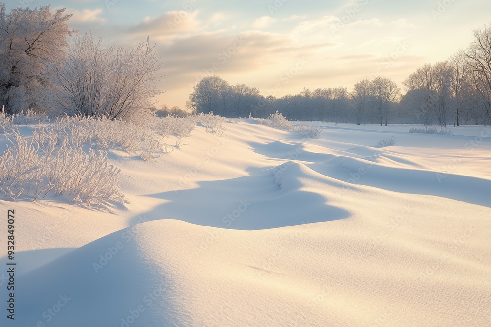A serene snowy landscape features untouched snow blanketing the ground, illuminated by the soft light of the rising sun. The scene evokes a sense of tranquility and the pristine beauty of winter. A serene snowy landscape features untouched snow blanketing the ground, illuminated by the soft light of the rising sun. The scene evokes a sense of tranquility and the pristine beauty of winter.