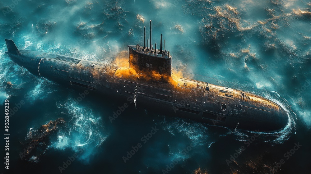 A submarine is in the water with a bright orange light coming from it A submarine is in the water with a bright orange light coming from it