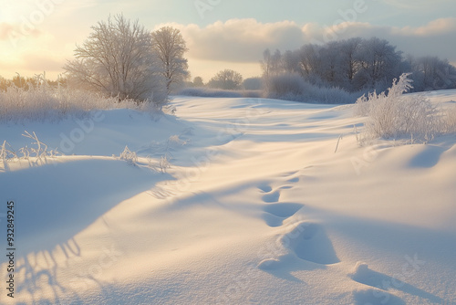 A serene snowy landscape features untouched snow blanketing the ground, illuminated by the soft light of the rising sun. The scene evokes a sense of tranquility and the pristine beauty of winter.