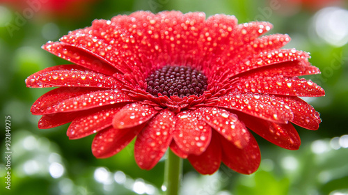 A vibrant red gerbera daisy displays shimmering water droplets, showcasing nature's beauty in the early morning hours