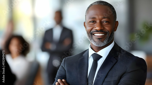 Confident businessman in suit smiling with crossed arms.