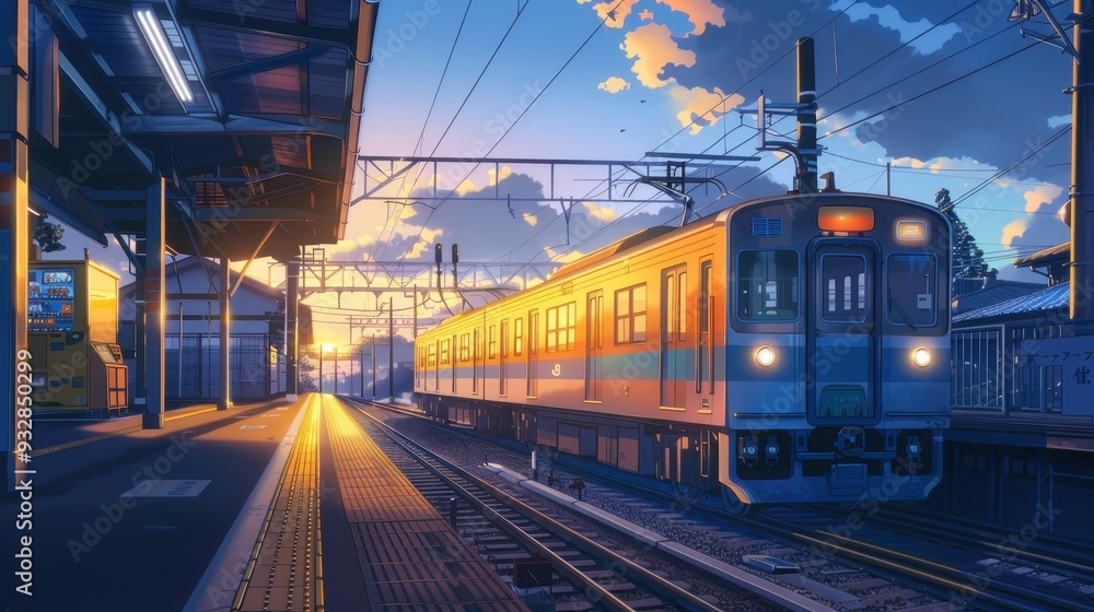 A train stands still at an anime-inspired station during sunset, surrounded by soft clouds and warm lighting A train stands still at an anime-inspired station during sunset, surrounded by soft clouds and warm lighting