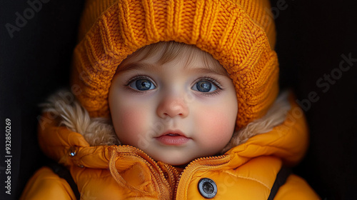 A child in an orange hat and coat looks intently, capturing the warmth of winter while surrounded by shadows photo