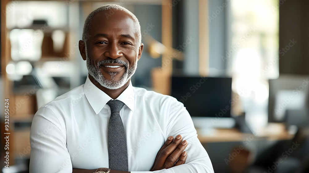 Confident businessman smiling with arms crossed in office. Confident businessman smiling with arms crossed in office.