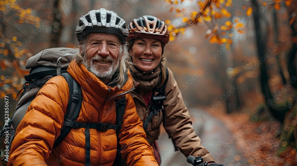 Fototapeta premium active senior couple with electrobikes standing outdoors onroad in nature