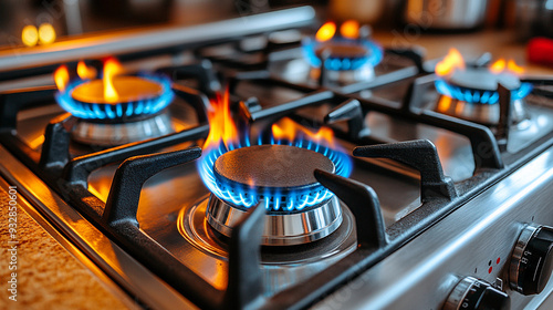 Bright blue flames dance from the burners of a gas stove as a meal cooks in a modern kitchen environment photo