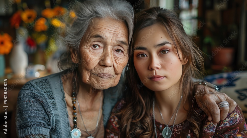 an elderly grandmother with an adult granddaughter at home an elderly grandmother with an adult granddaughter at home