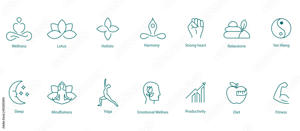 Vector Icons Set: Mindfulness, Lotus, Holistic, Meditation, Strong Heart, Relaxed Tone, Yang Wand, Sleep, Mindfulness, Meditation, Yoga, Emotional Well-Being, Productivity, Diet, Fitness Vector Icons Set: Mindfulness, Lotus, Holistic, Meditation, Strong Heart, Relaxed Tone, Yang Wand, Sleep, Mindfulness, Meditation, Yoga, Emotional Well-Being, Productivity, Diet, Fitness