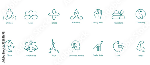 Vector Icons Set: Mindfulness, Lotus, Holistic, Meditation, Strong Heart, Relaxed Tone, Yang Wand, Sleep, Mindfulness, Meditation, Yoga, Emotional Well-Being, Productivity, Diet, Fitness