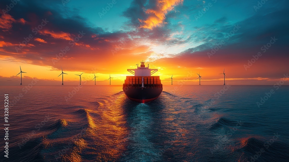 A large ship is sailing in the ocean with a beautiful sunset in the background A large ship is sailing in the ocean with a beautiful sunset in the background