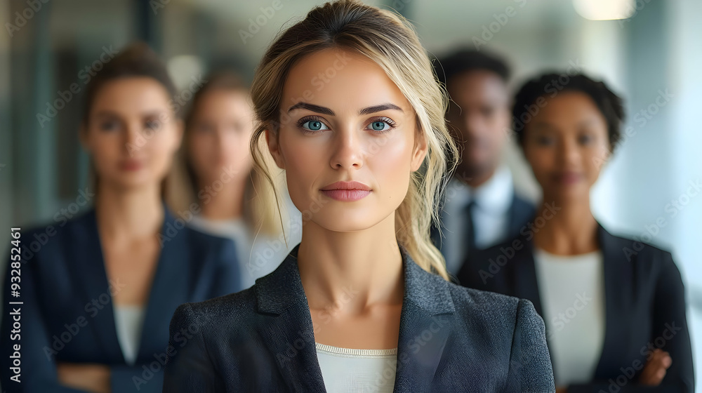 Confident businesswoman in a grey suit with a serious expression, standing in front of her team. Confident businesswoman in a grey suit with a serious expression, standing in front of her team.