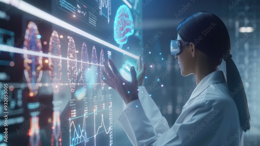 Woman in lab coat wearing VR goggles and interacting with a holographic brain interface Woman in lab coat wearing VR goggles and interacting with a holographic brain interface